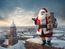 Santa Claus Tenere Natale regalo su un' edificio nel cittadina a inverno foto