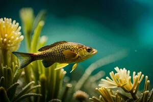 un' pesce nuoto nel un acquario con impianti. ai-generato foto