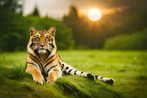 un' tigre seduta su il erba nel il sole. ai-generato foto