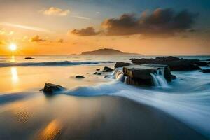 un' bellissimo tramonto al di sopra di il oceano con onde Crashing in rocce. ai-generato foto