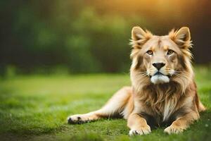 un' Leone è seduta su il erba nel il sole. ai-generato foto