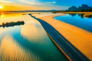 il sole imposta al di sopra di un' fiume e sabbia dune. ai-generato foto