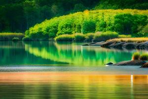 un' lago con verde alberi e rocce. ai-generato foto