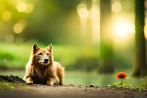 un' cane seduta nel il mezzo di un' foresta con un' fiore. ai-generato foto