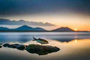 un' pesce è seduta su rocce nel il acqua a tramonto. ai-generato foto