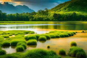 il verde erba e il acqua nel il mezzo di il fiume. ai-generato foto