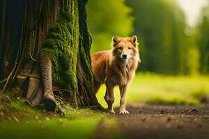 un' cane a piedi lungo un' sporco strada nel il foresta. ai-generato foto