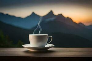 caffè tazza su il tavolo con montagne nel il sfondo. ai-generato foto