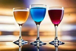 tre bicchieri di colorato liquido siamo mostrato nel un' riga. ai-generato foto