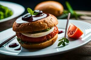 un' Hamburger con pomodoro, Mozzarella e basilico su un' bianca piatto. ai-generato foto