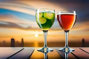 Due bicchieri di bevande con tramonto nel il sfondo. ai-generato foto