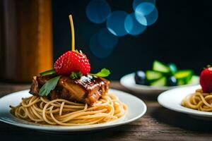 Due piatti con spaghetti e carne su loro. ai-generato foto