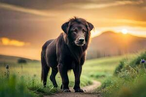 un' Leone in piedi su un' sporco strada a tramonto. ai-generato foto