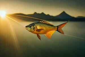 un' pesce volante al di sopra di il acqua a tramonto. ai-generato foto