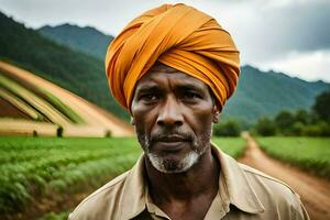 un' uomo indossare un arancia turbante sta nel un' campo. ai-generato foto