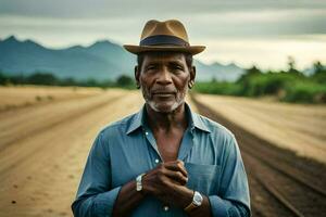 un africano uomo indossare un' cappello sta su un' sporco strada. ai-generato foto