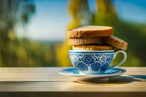 un' tazza di tè e un' fetta di pane. ai-generato foto