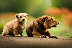 Due cani e un' Leone seduta su il terra. ai-generato foto