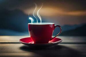 un' rosso tazza con un' cottura a vapore caldo tazza di caffè su un' di legno tavolo. ai-generato foto