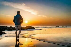 un' uomo a piedi su il spiaggia a tramonto. ai-generato foto