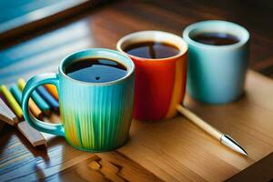 Due colorato caffè tazze sedersi su un' di legno tavolo. ai-generato foto