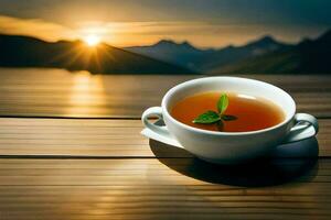 un' tazza di tè su un' di legno tavolo con montagne nel il sfondo. ai-generato foto