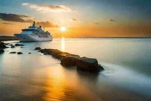 un' crociera nave nel il oceano a tramonto. ai-generato foto