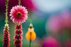 un' rosa fiore è in piedi nel davanti di un' verde sfondo. ai-generato foto