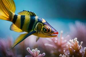 un' pesce con giallo e nero strisce nuoto nel il oceano. ai-generato foto