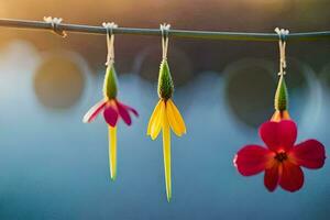 tre fiori sospeso a partire dal un' filo. ai-generato foto