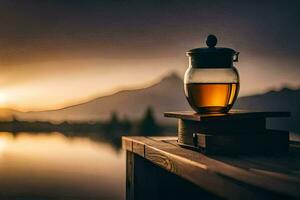un' bicchiere vaso di tè si siede su un' di legno tavolo prospiciente un' lago. ai-generato foto