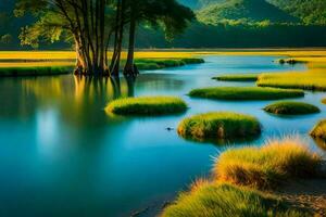 un' fiume con erba e alberi nel il mezzo. ai-generato foto