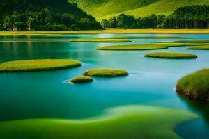 il bellissimo paesaggio di un' lago con verde impianti. ai-generato foto