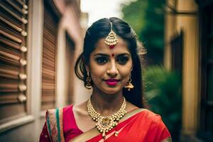 un' bellissimo indiano donna indossare un' rosso sari e gioielleria. ai-generato foto