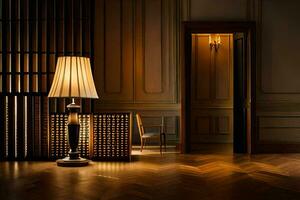 un' lampada è seduta su un' di legno pavimento nel un' camera. ai-generato foto