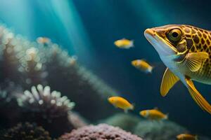 un' pesce nuoto nel il oceano con corallo. ai-generato foto