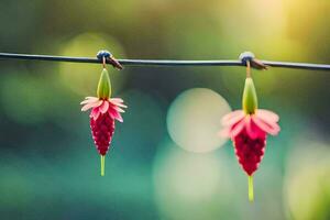 Due rosso fiori sospeso a partire dal un' filo. ai-generato foto