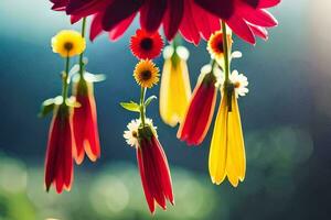 un' colorato fiore sospeso a partire dal un' corda. ai-generato foto