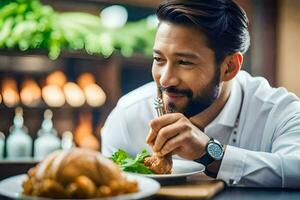 un' uomo mangiare un' pasto a un' ristorante. ai-generato foto