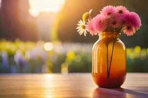 un' vaso con rosa fiori su un' tavolo nel il sole. ai-generato foto