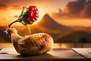 un' pollo con un' rosso fiore su superiore di un' di legno tavolo. ai-generato foto