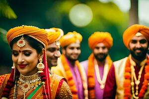 un' gruppo di indiano nozze ospiti nel tradizionale abbigliamento. ai-generato foto