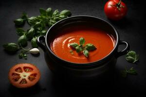 tradizionale pomodoro la minestra con basilico nel un' ciotola su buio sfondo. commerciale promozionale cibo foto. ai generativo foto