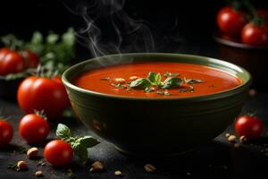 tradizionale pomodoro la minestra con basilico nel un' ciotola su buio sfondo. commerciale promozionale cibo foto. ai generativo foto