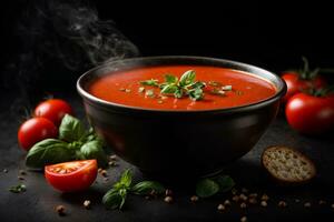 tradizionale pomodoro la minestra con basilico nel un' ciotola su buio sfondo. commerciale promozionale cibo foto. ai generativo foto