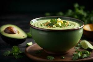 avocado crema la minestra con fetta di avocado su buio sfondo. commerciale promozionale cibo foto. ai generativo foto
