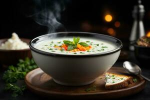 Turco Yogurt yayla la minestra su buio sfondo. commerciale promozionale cibo foto. ai generativo foto
