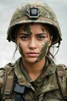 ritratto di bellissimo giovane donna nel militare uniforme con camuffare su viso. militare concetto. donna nel esercito. ai generativo foto