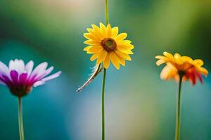 tre colorato fiori siamo in piedi nel davanti di ogni Altro. ai-generato foto