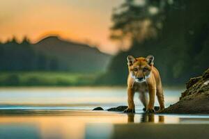 un' rosso lupo in piedi su il riva di un' lago. ai-generato foto